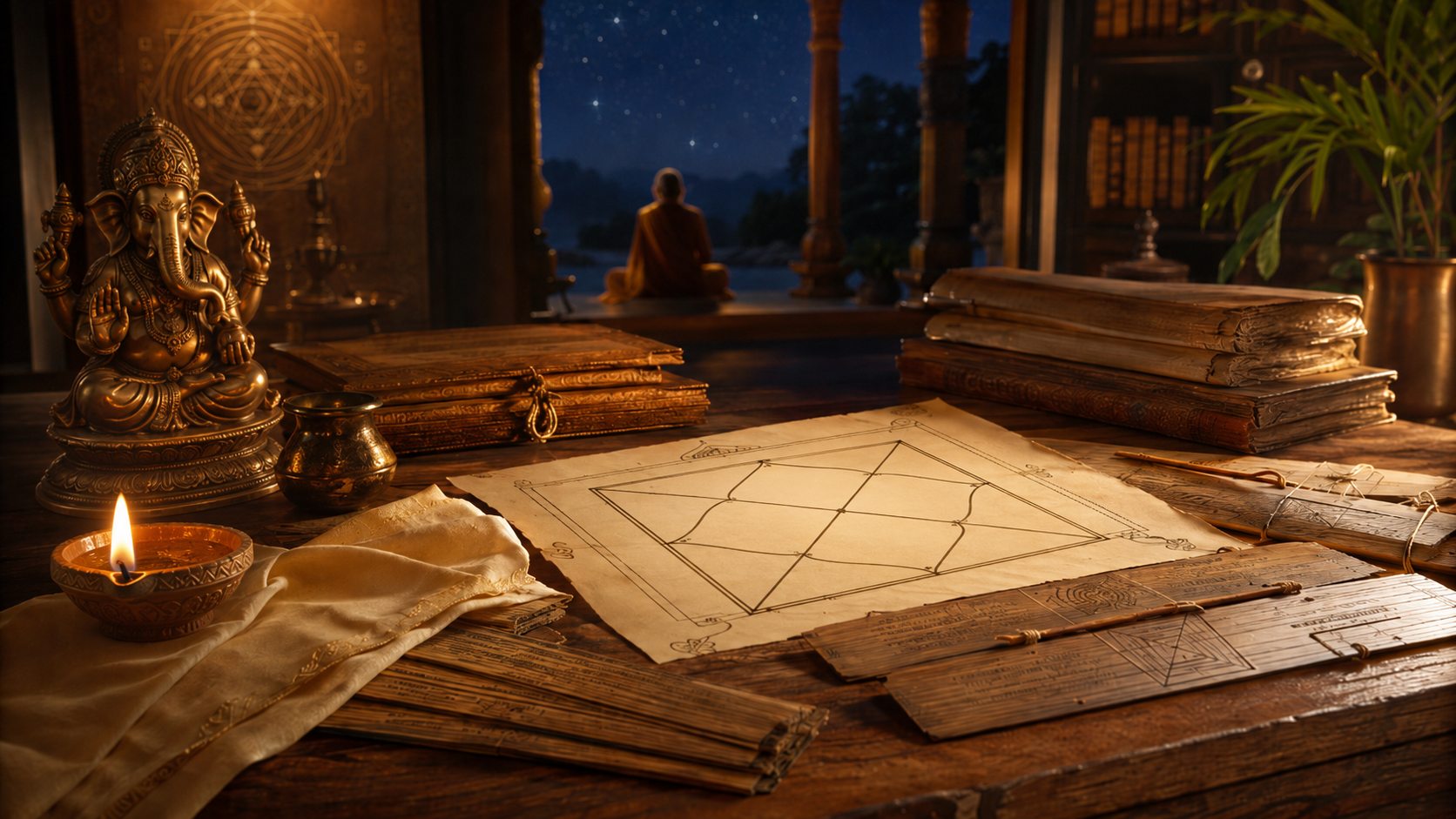 Manuscrits, lampe à huile et ambiance d'étude symbolisant la transmission des Sciences Védiques